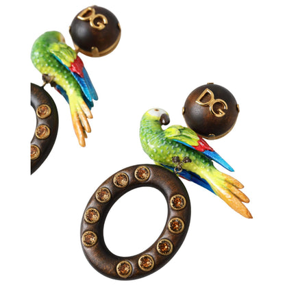 Dolce & Gabbana Multicolor Parrot Wood Brass Crystal Embellished Earrings