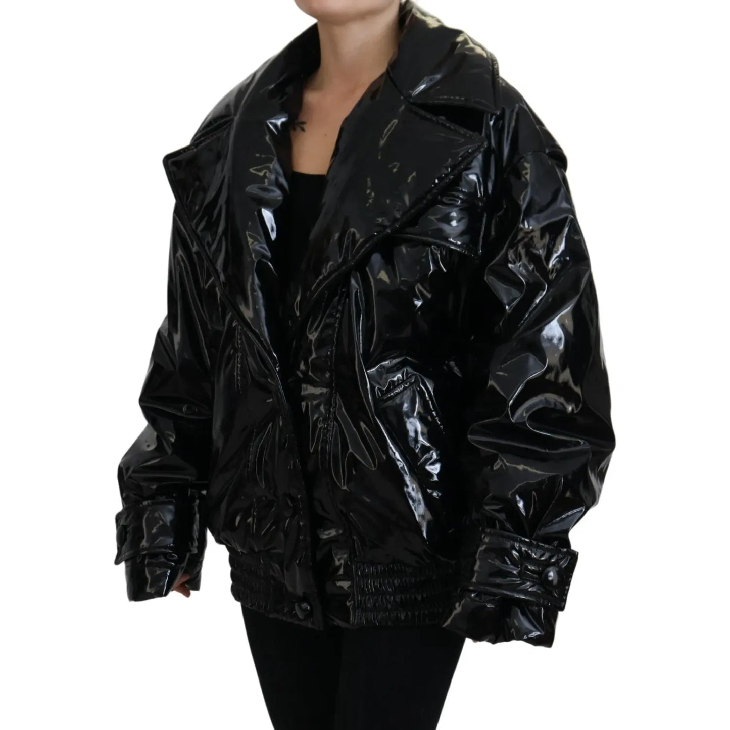 Dolce & Gabbana Polyester Black Shiny Blazer Women Jacket displayed on model with minor defect, featuring replaced button and exclusive design.
