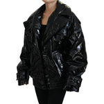 Dolce & Gabbana Polyester Black Shiny Blazer Women Jacket displayed on model with minor defect, featuring replaced button and exclusive design.