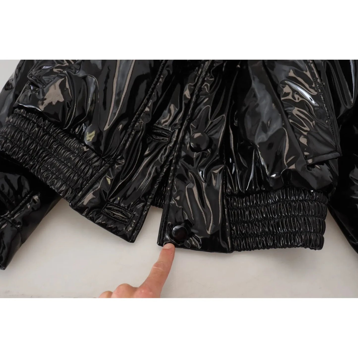 Close-up of Dolce & Gabbana Polyester Black Shiny Blazer Women Jacket with replaced button detail.
