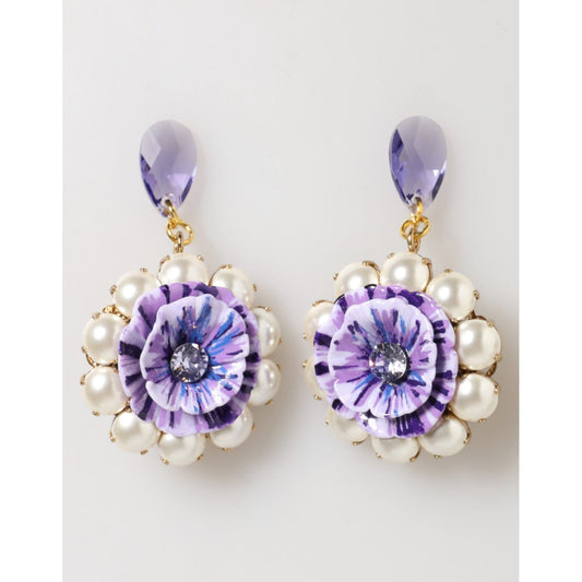 Dolce & Gabbana Purple Floral Crystal Pearl Drop Clip-On Statement Earrings