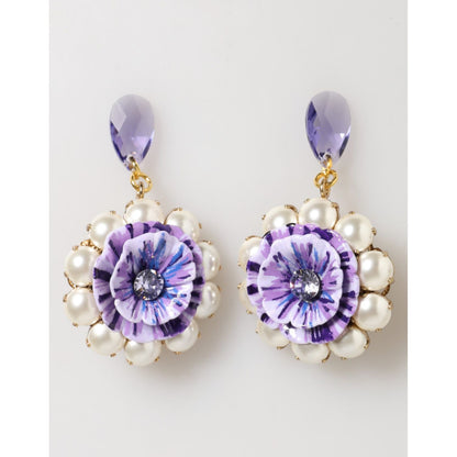 Dolce & Gabbana Purple Floral Crystal Pearl Drop Clip-On Statement Earrings