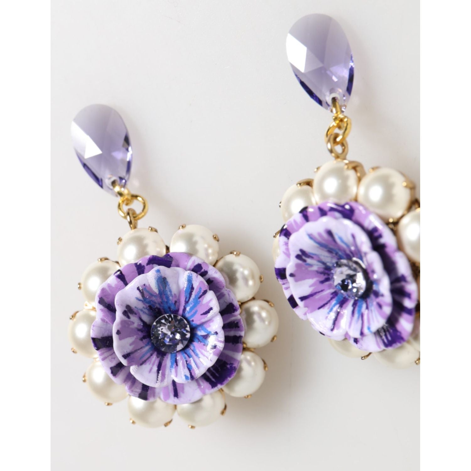 Dolce & Gabbana Purple Floral Crystal Pearl Drop Clip-On Statement Earrings