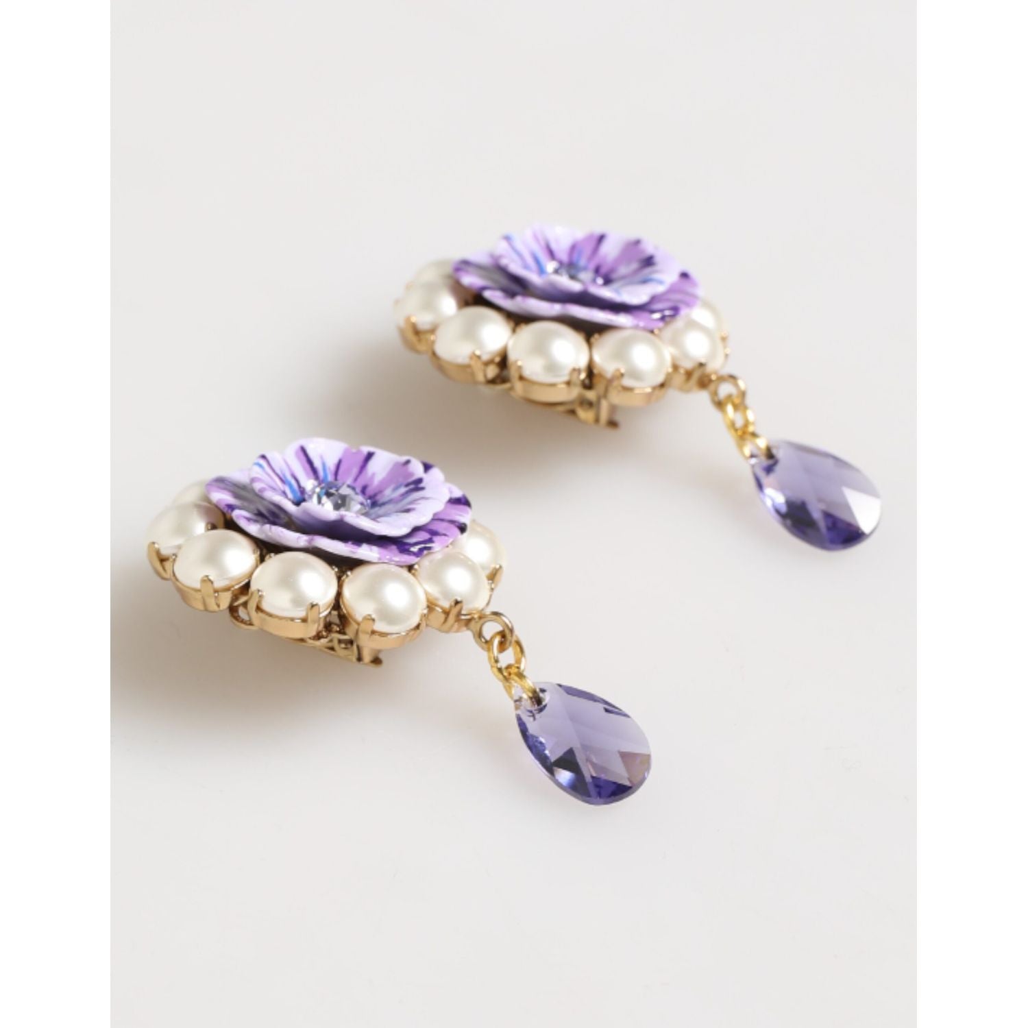Dolce & Gabbana Purple Floral Crystal Pearl Drop Clip-On Statement Earrings