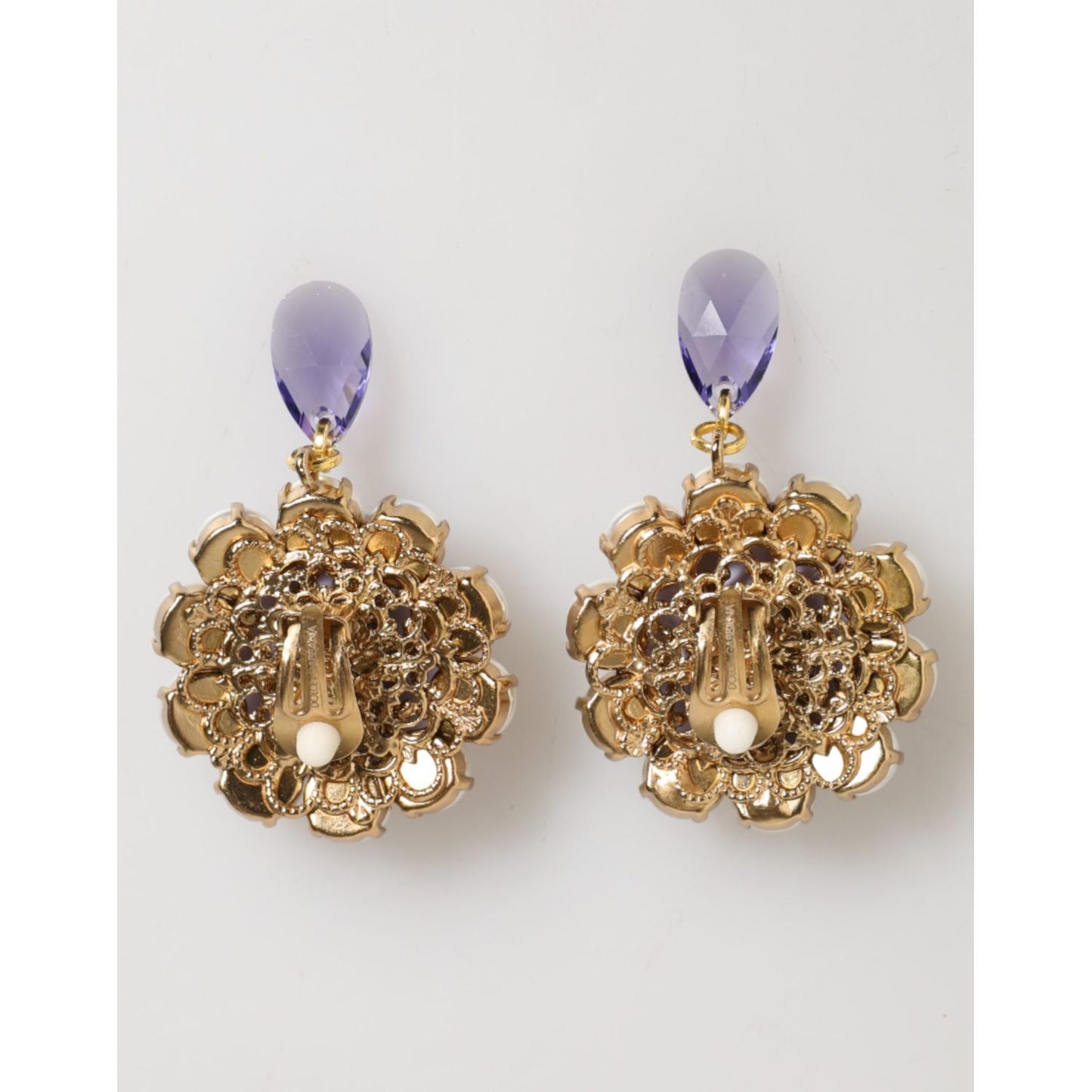 Dolce & Gabbana Purple Floral Crystal Pearl Drop Clip-On Statement Earrings