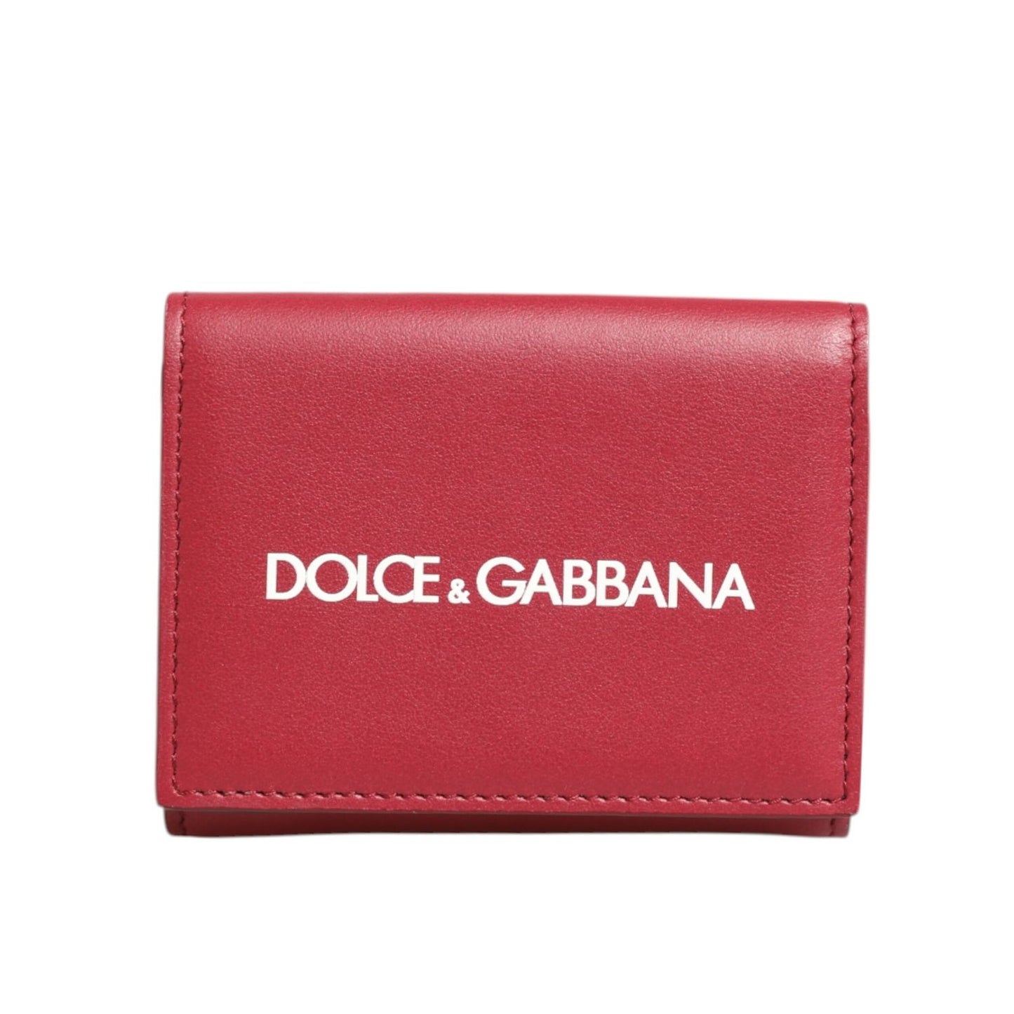 Dolce & Gabbana Red Leather Bold Logo Print Trifold Card Holder Wallet, compact and stylish, with white logo on a vivid red background.
