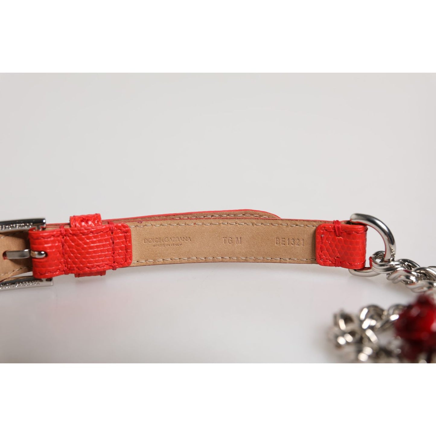 Dolce & Gabbana Red Leather Silver Chain Floral Cintura Belt