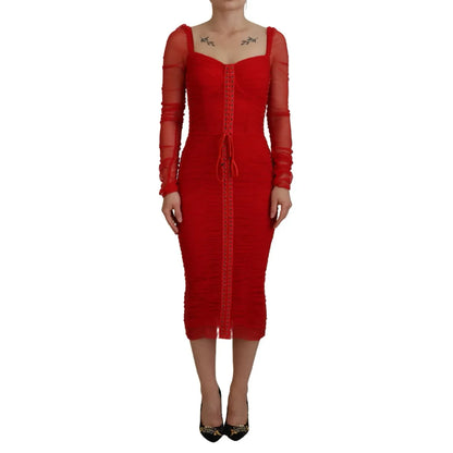 Dolce & Gabbana Red Mesh Trim Bodycon Sheath Midi Dress