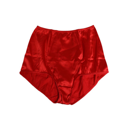 Dolce & Gabbana Red Silk Satin High-Waist Briefs Women Underwear, luxurious Italian lingerie with logo details, 94% silk, made in Italy.