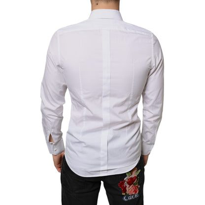 Back view of Dolce & Gabbana White Bib Cotton Poplin Formal Dress Shirt on model, showcasing slim fit and elegant Italian craftsmanship.