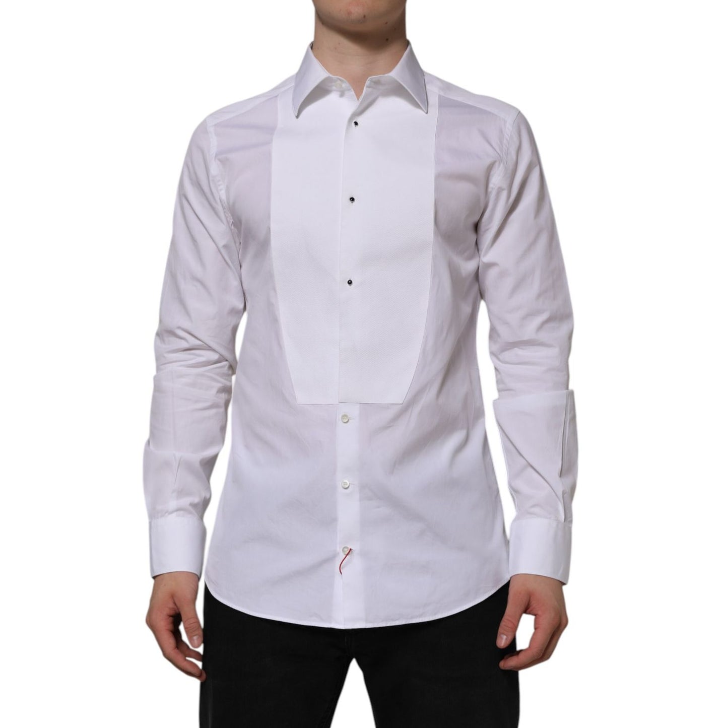 Man wearing Dolce & Gabbana White Bib Cotton Popline GOLD Men Formal Shirt, classic neck, button closure, slim fit.
