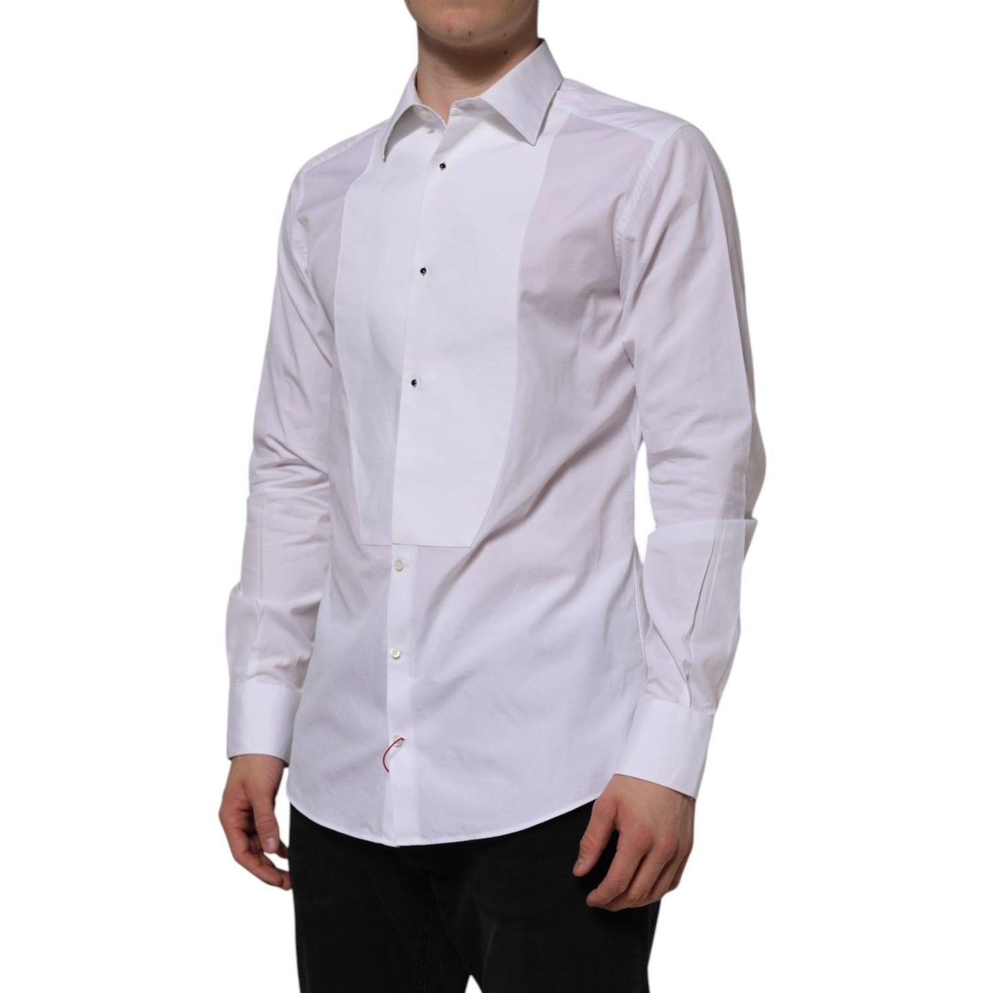 Dolce & Gabbana White Bib Cotton Popline GOLD Men Formal Shirt, classic neck, long sleeves, slim fit, button closure, luxury fashion.