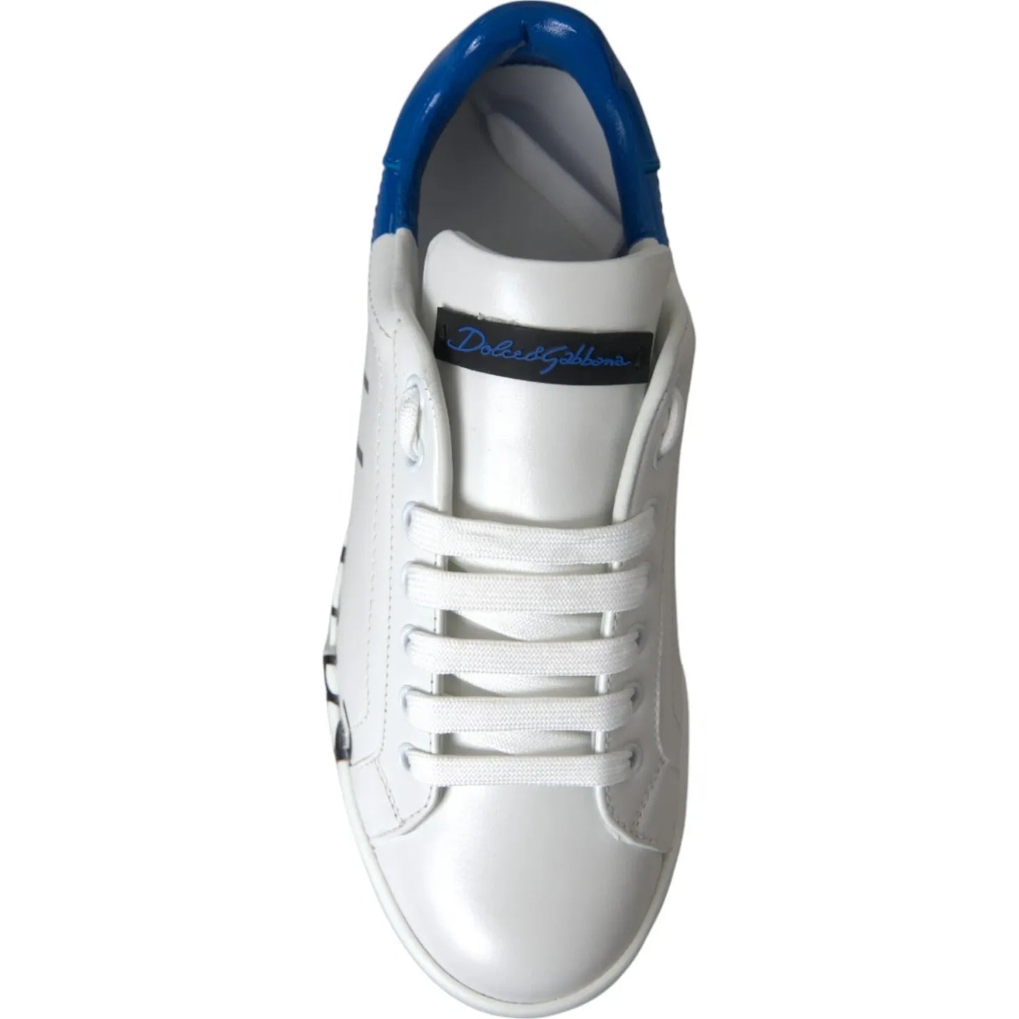Dolce & Gabbana White Blue Logo Low Top Leather Sneakers Shoes with lace-up closure and logo details, made of 100% calfskin leather.