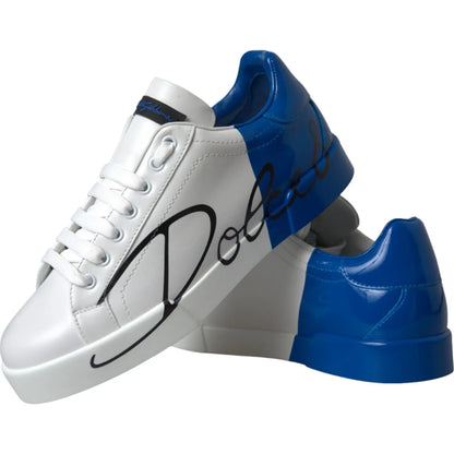 Dolce & Gabbana White Blue Logo Low Top Leather Sneakers Shoes in calfskin leather with rubber soles and lace-up closure.