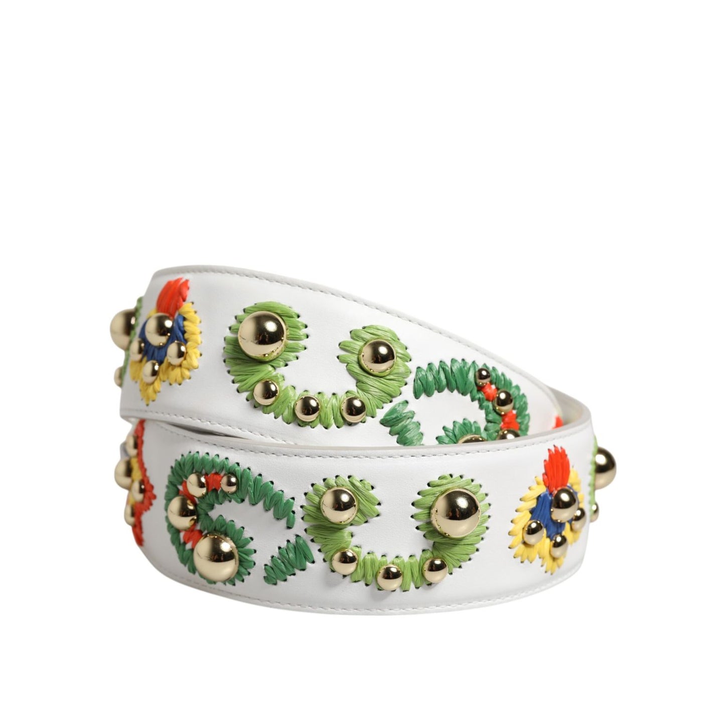 Dolce & Gabbana White Calfskin Raffia Embroidered Patchwork Shoulder Strap