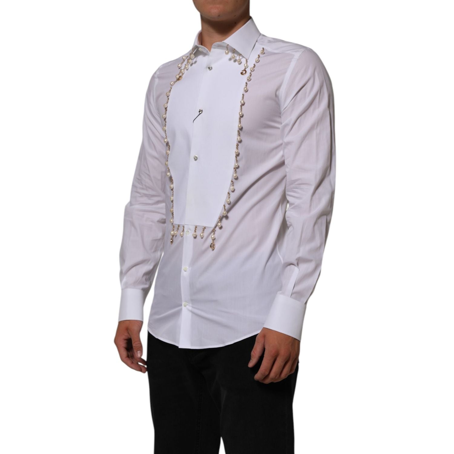 Dolce & Gabbana White Cotton DG Logo Pearl GOLD Formal Shirt