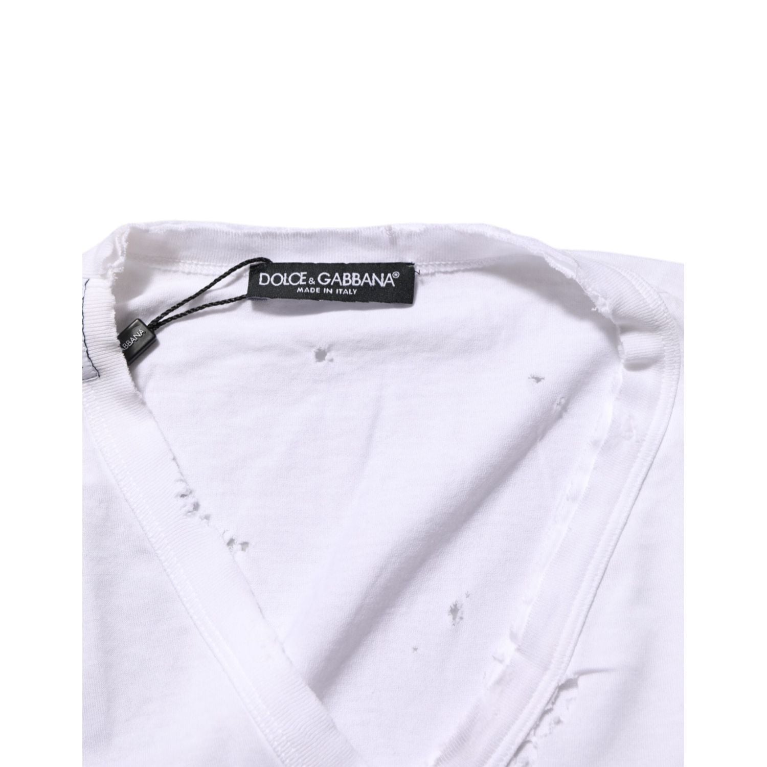 Dolce & Gabbana White Distressed Cotton V Neck Men T-shirt