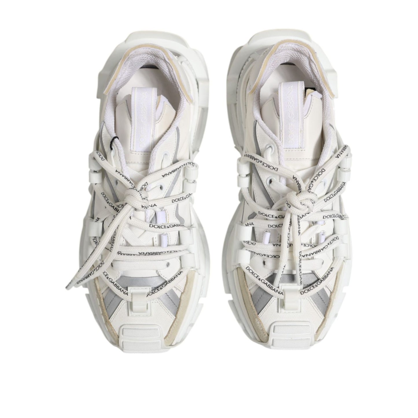 Dolce & Gabbana White Gray Low Top Space Sneakers Shoes with lace-up closure and logo details, made from polyester and lamb leather.