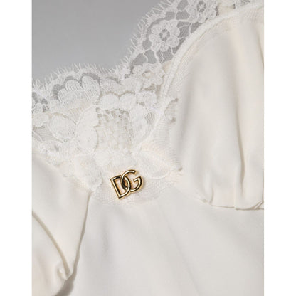 Dolce & Gabbana White Lace Gold DG Logo Silk Dress Sleepwear