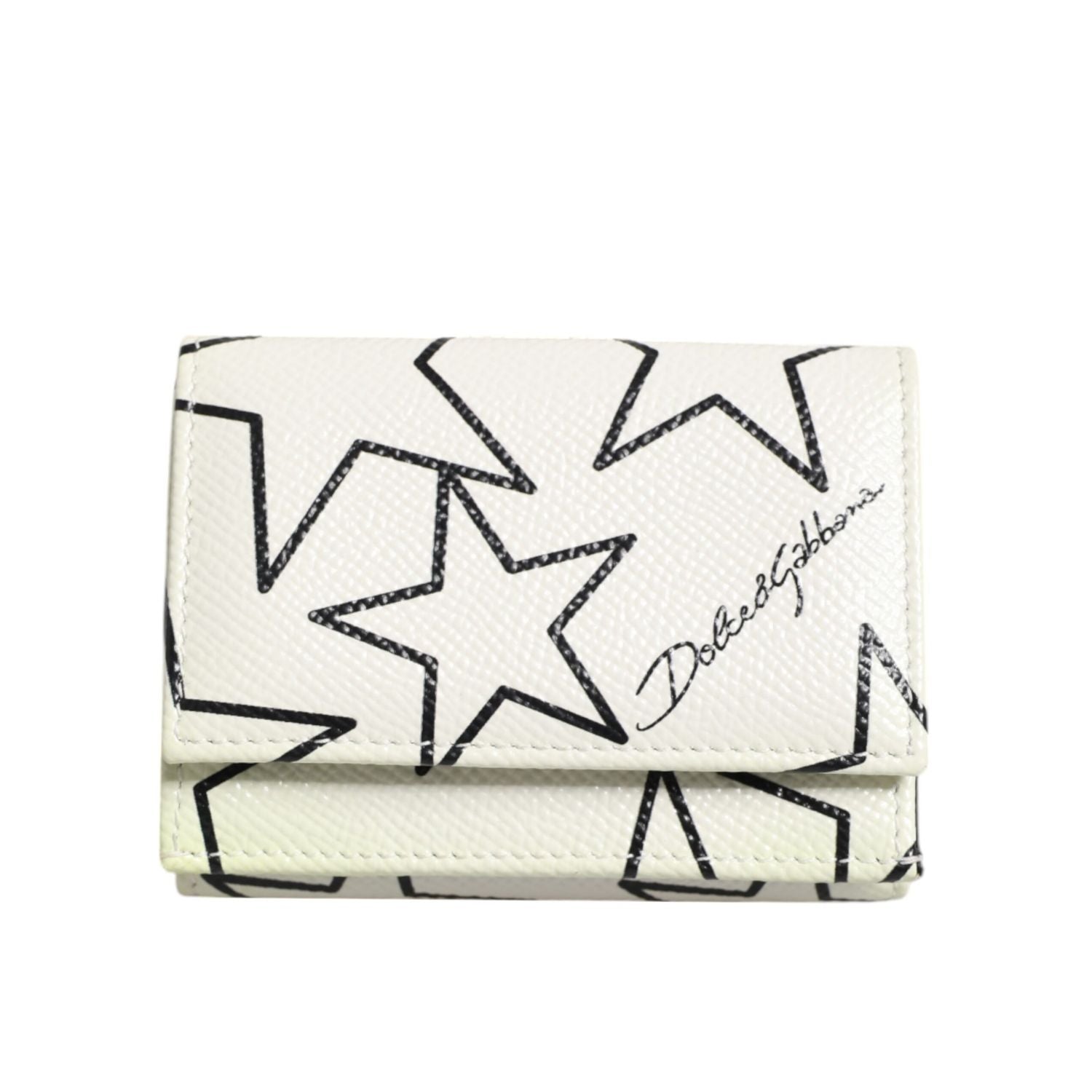 Dolce & Gabbana White Leather Trifold DG Star Print Card Holder Wallet