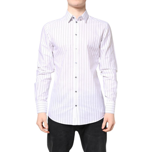 Dolce & Gabbana White Stripes Cotton GOLD Formal Dress Shirt with classic neck and long sleeves, button closure, slim fit.
