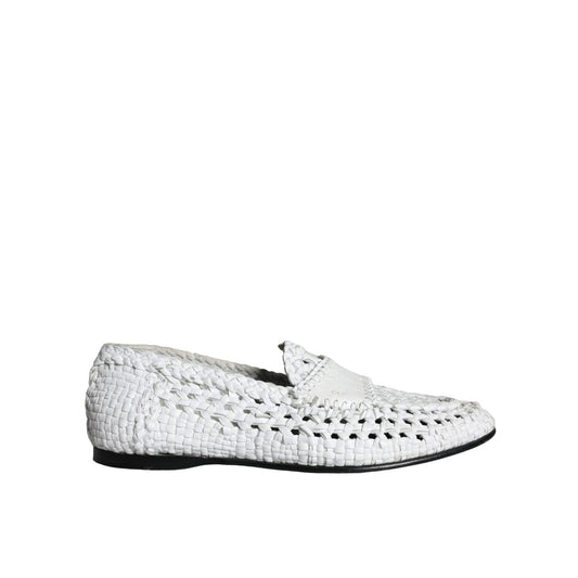 Dolce & Gabbana White Woven Leather Slip On Loafers Men Shoes, preowned with tags, made in Italy, showing minor wear marks, goat leather.