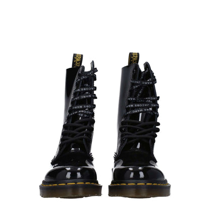 Dr. Martens Black Leather Ankle Boots with patent leather, lace-up closure, and round toe, low flat heel, rubber sole, fashion footwear.