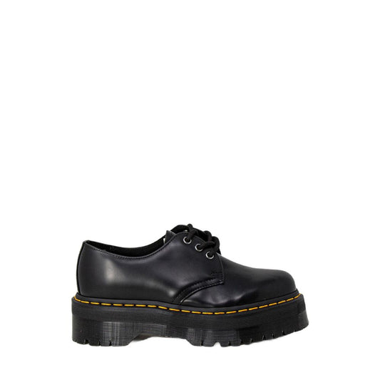 Dr. Martens Black Leather Lace-Up Boots with thick flat sole, iconic design, women's footwear, style and comfort, high-quality leather.