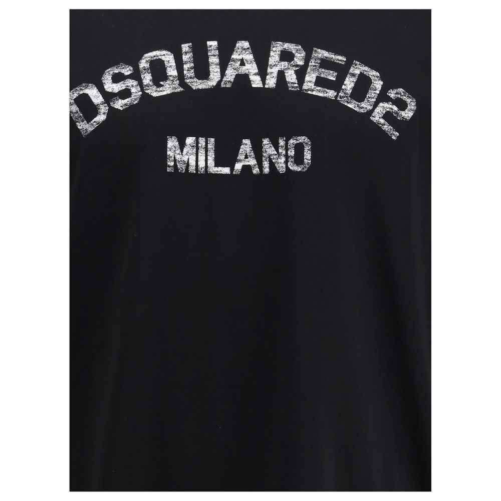 Dsquared² Black Cotton T-Shirt with iconic monogram print on front, featuring contemporary urban style and ribbed crew neck for comfort.