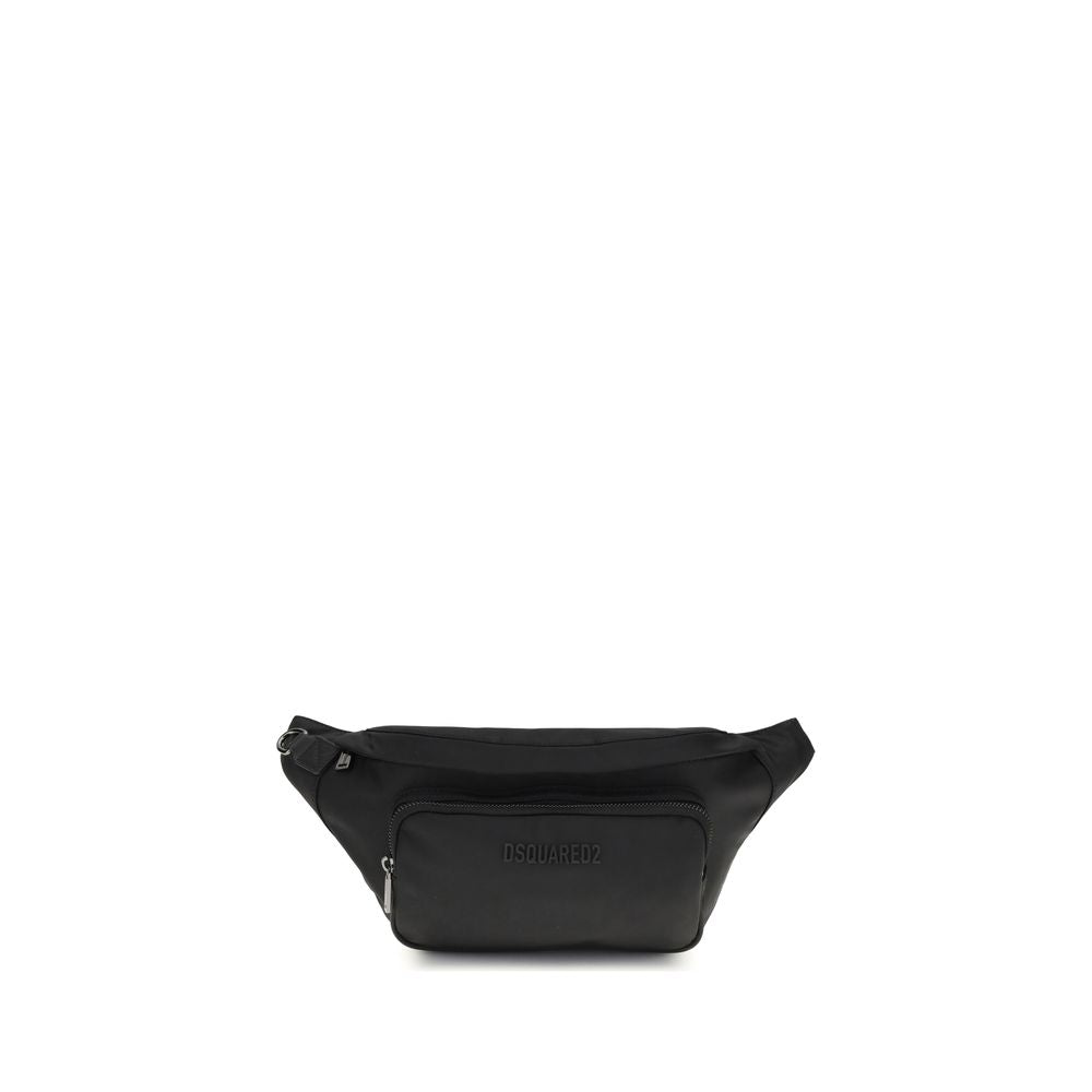 Dsquared² Black Polyamide Shoulder Bag, urban fanny pack with zipper pockets and adjustable belt, featuring Dsquared2 logo.