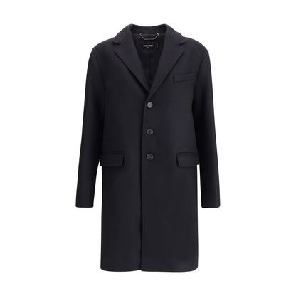 Dsquared² Black Wool Coat with single-breasted design, front button closure, side pockets, and monogrammed lining.