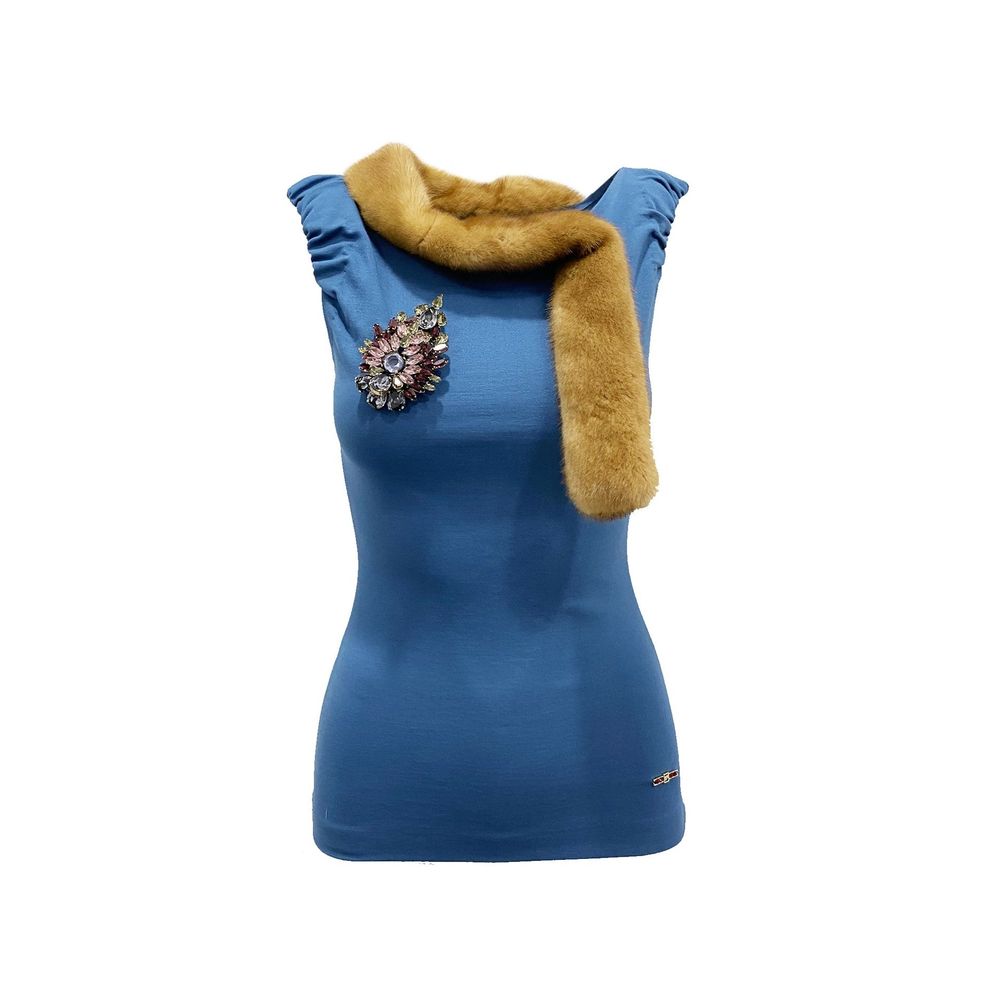 Dsquared² Mink Collar Sleeveless Top with a detachable crystal brooch, blue viscose blend, featuring a gold tone logo plaque and mink fur collar.