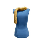 Dsquared² Mink Collar Sleeveless Top with fur collar, concealed zip, and detachable crystal brooch in blue on white background