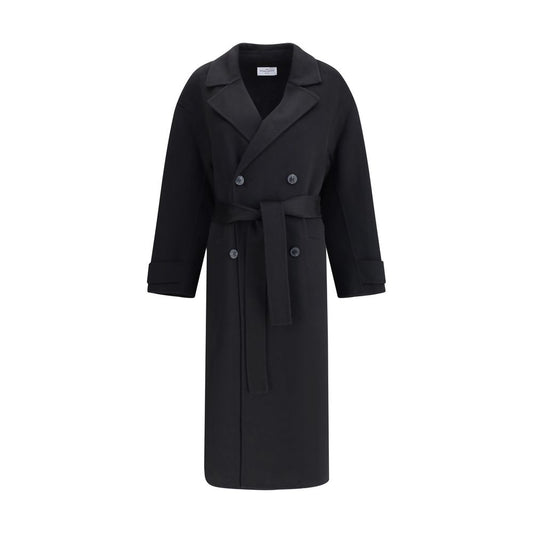 Dynamis Studio Black Wool Coat, double-breasted with classic lapels, built-in belt, 100% wool, versatile for any occasion.