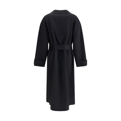 Rear view of Dynamis Studio Black Wool Coat with built-in waist tie, showing timeless double-breasted design and classic lapels.