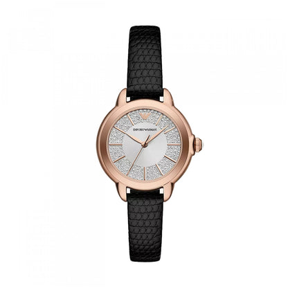 Luxury EMPORIO ARMANI WATCHES Mod. AR11631 for ladies, 32mm case, official packaging, elegant design with black strap and rose gold accents.