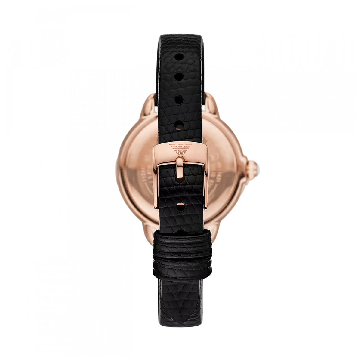 Back view of EMPORIO ARMANI WATCHES Mod. AR11631 with black leather strap and rose gold clasp, Lady's wristwatch.