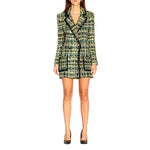 Woman modeling Elisabetta Franchi Green Viscose Women Blazer with classic design and front button closure.