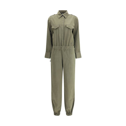Ella Green Cotton Jumpsuit with button front, classic collar, elastic waistband, and cuffs for a versatile modern look.