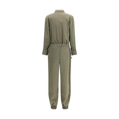 Back view of Ella Green Cotton Jumpsuit with a refined design, featuring elastic waistband and cuffs for a tailored fit.