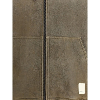 Close-up of Emporio Armani Brown Lamb Ovis Aries Aries Bomber showing front patch pockets and double-slider zipper.