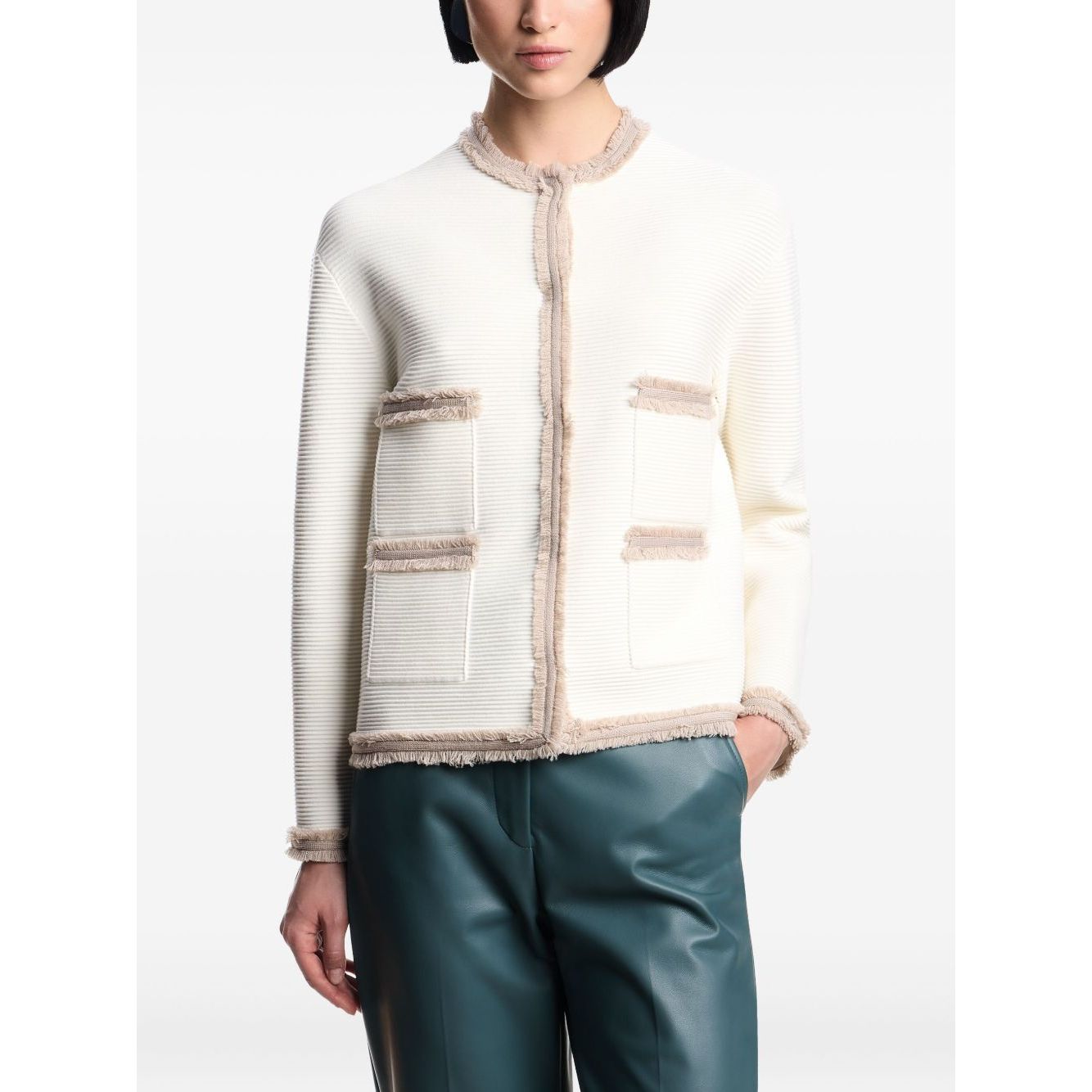 Emporio Armani Jackets White with fringe trim and welt pockets, round neck, crewneck blazer jacket.