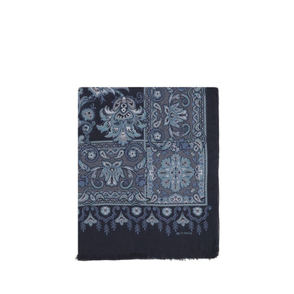 Etro Blue Modal Scarf with floral and geometric patterns, frayed edges, and embroidered logo. Made from jacquard cotton blend. Size 180x180.