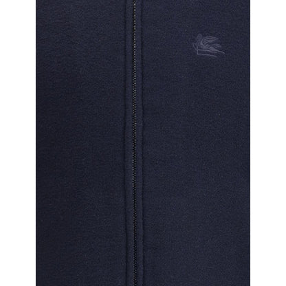 Etro Blue Wool Bomber with embroidered Pegasus logo and ribbed collar, featuring a front zipper closure and side welt pockets for style and elegance.