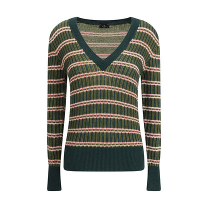 Etro Green Wool Sweatshirt with multicolored jacquard pattern, V-neckline, and contrasting ribbed trim on cuffs and hem.