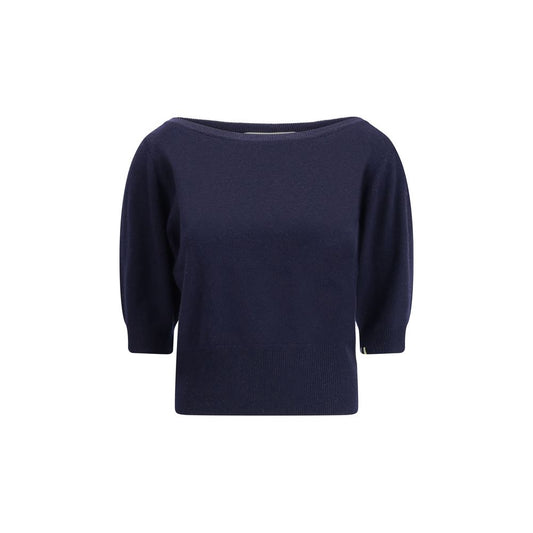 Extreme Cashmere Blue Cashmere Cashmere Sweater with crew neck and short sleeves, featuring a ribbed maxi hemline for minimal elegance.