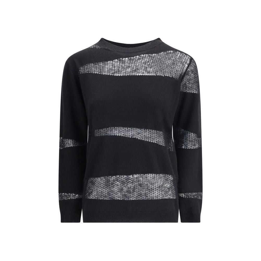Fabiana Filippi Black Fleece Wool Cashmere Sweater with ribbed boat neck and perforated details.