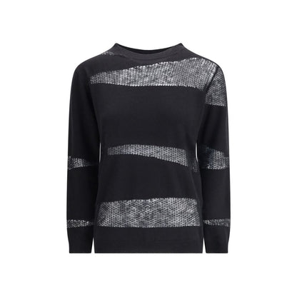 Fabiana Filippi Black Fleece Wool Cashmere Sweater with ribbed boat neck and perforated details.