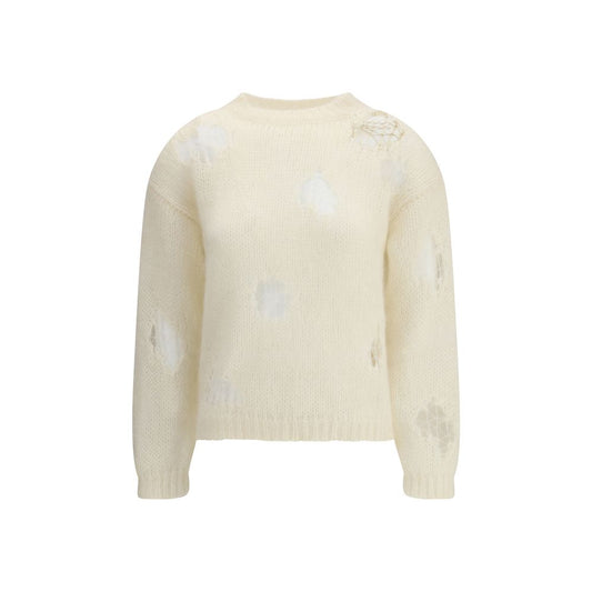 Fabiana Filippi Cream Mohair Sweatshirt with ribbed boat neckline and modern rips design featuring golden yarn embellishment.