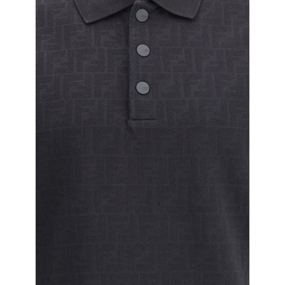 Fendi Black Cotton Polo Shirt with FF jacquard print, soft cotton fabric, ribbed collar, and tone-on-tone buttons, AW25 collection.